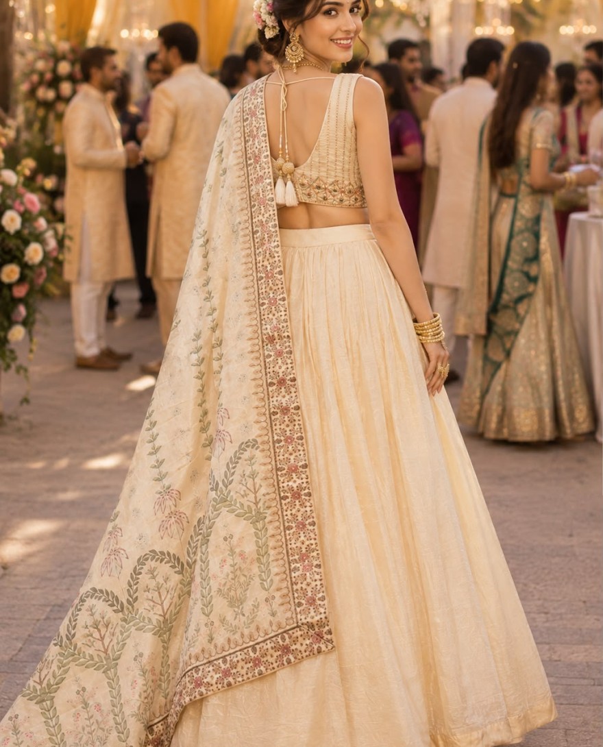 CREAM - Cream Tissue Lehenga Choli with Embroidered and Zari Work
